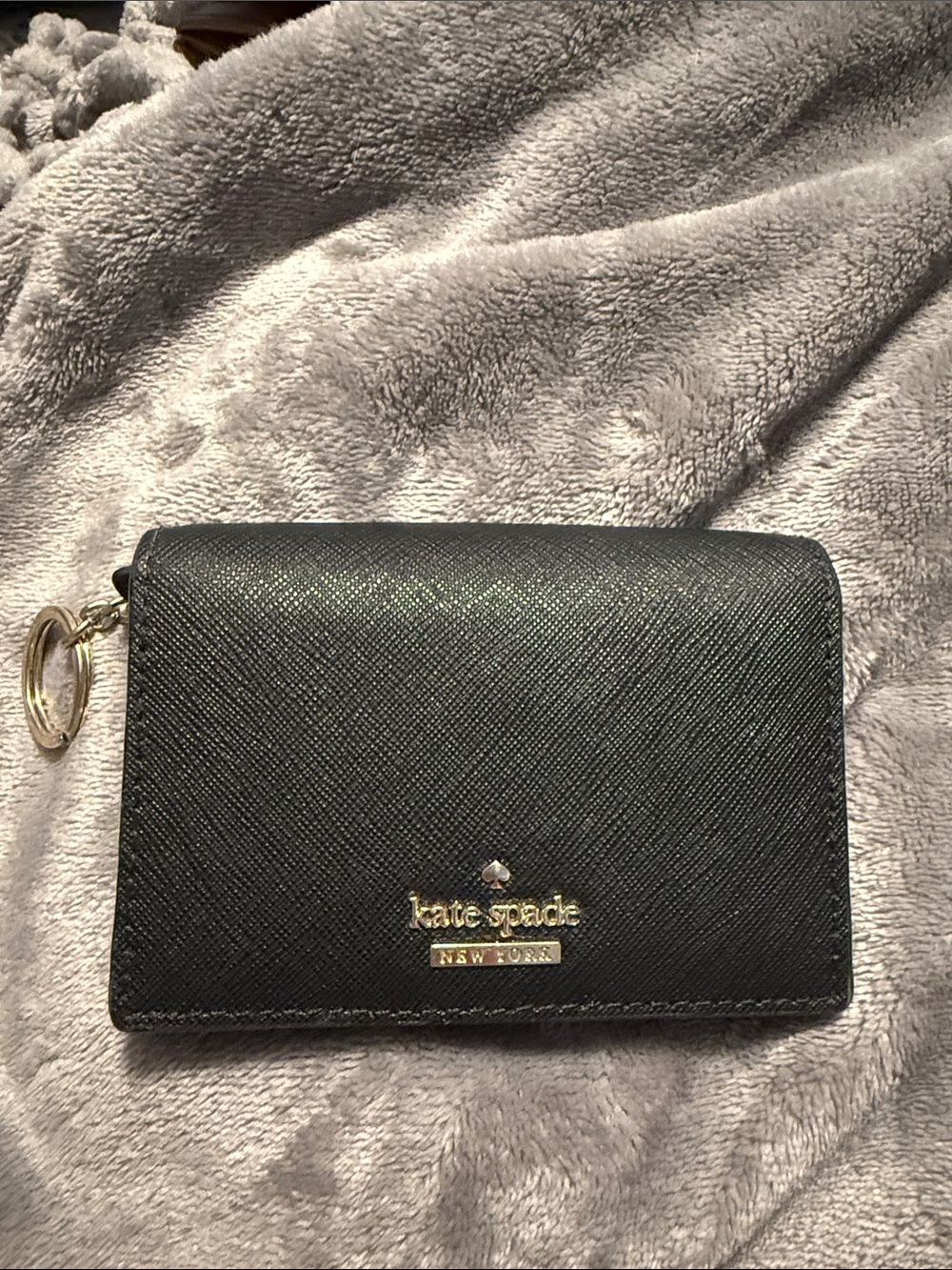 kate spade black saffiano card case with gold logo